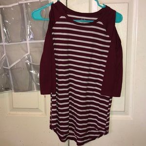 Maroon and white stripped tee, shoulder cutouts